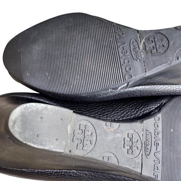 Tory Burch Black Leather Wedge Peep Toe Pumps With Gold Logo Size 10M - Picture 12 of 12